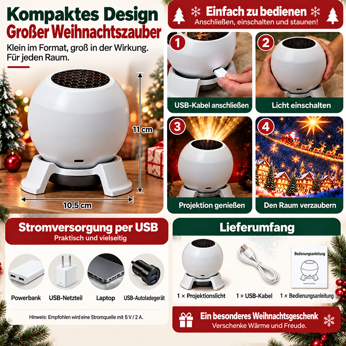 🎅 Transformez chaque pièce en un pays des merveilles de Noël grâce à cette veilleuse à projection festive