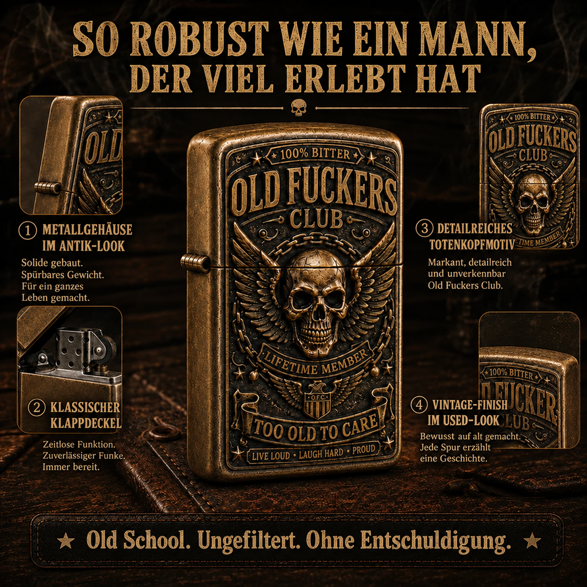 ☠️ Old Fuckers Club – Vintage-Feuerzeug | Limitierte Edition 2026 · Metallfeuerzeug für Sammler